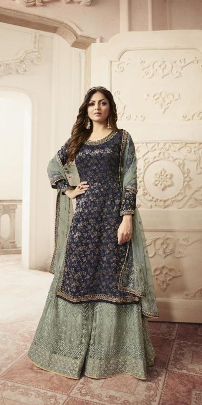 Special Blue Color Jacquard Silk Georgette Diamond Sharara Suit