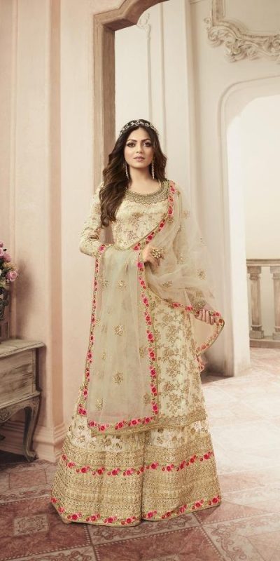 Special Cream Color Jacquard Silk Georgette Diamond Sharara Suit