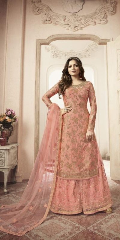 Special Peach Color Jacquard Silk Georgette Diamond Sharara Suit