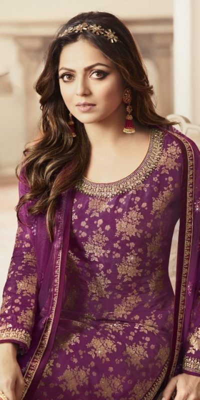 Special Purple Color Jacquard Silk Georgette Diamond Sharara Suit