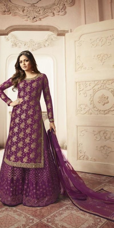 Special Purple Color Jacquard Silk Georgette Diamond Sharara Suit