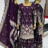Stylish Purple Color Chinnon Silk Embroidery Work Sharara Suit