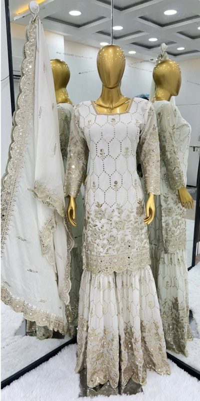 Stylish White Color Chinnon Silk Embroidery Work Sharara Suit