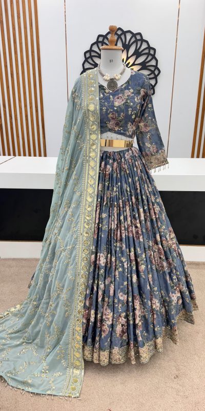 Superb Blue Color Chinon Silk Digital Printed Lehenga Choli