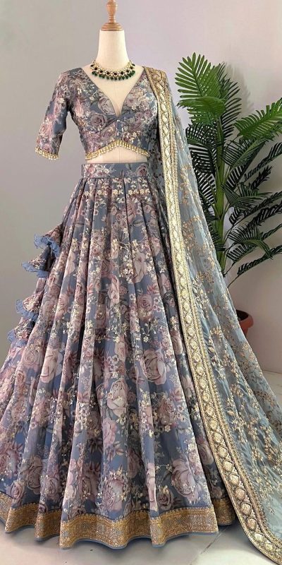 Superb Blue Color Chinon Silk Digital Printed Lehenga Choli