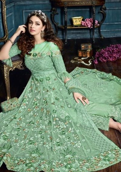 Superb Pista Green Color Net With Embroidery Stone Salwar Suit