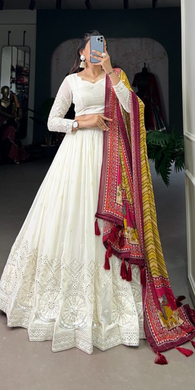 LNB 1500 White Color Georgette Lucknowi Paper Mirror Lehenga Choli Festive Party Wedding, Events etc. DeliveryΒ 4-6 Working Days @3499/- | Lehenga, Bollywood Lehenga, Creative Lehenga, Designer Lehenga, Embroidered Lehenga, Party Wear Lehenga