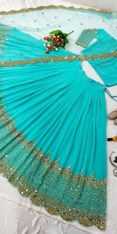 Fancy Firozi Color Georgette Embroidery Lehenga Choli
