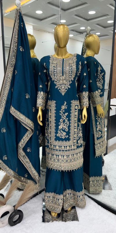 Fancy Royal Blue Chinnon Silk Embroidery Coding Dori Salwar Suit