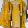 Fancy Yellow Chinnon Silk Embroidery Coding Dori Salwar Suit