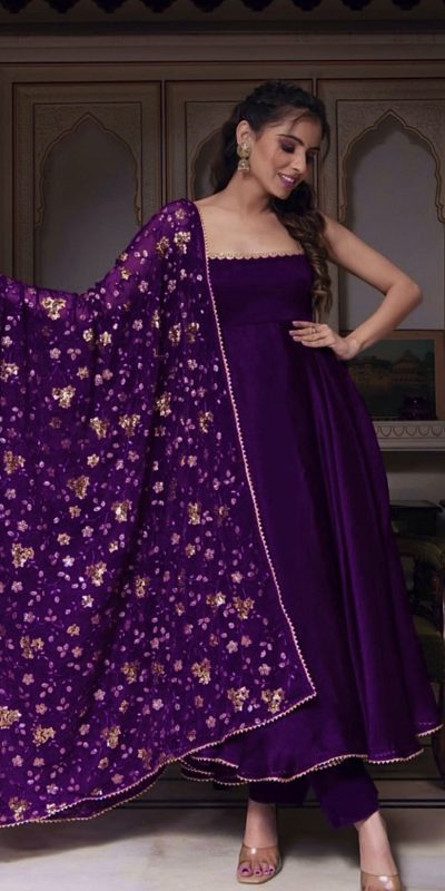 Gorgeous Violet Heavy Faux Georgette With Fully Flair Salwar Suit