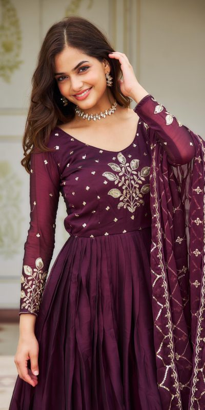 Majestic Purple Color Rangoli Sequence Embroidery Gown
