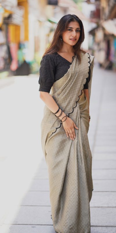 Marvelous Grey Color Cotton Lucknowi Work Saree