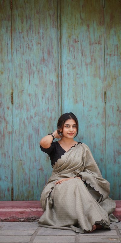 Marvelous Grey Color Cotton Lucknowi Work Saree