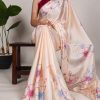Cream Satin Silk Floral Printed Lace Border Work Saree