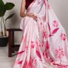 Light Pink Satin Silk Floral Printed Lace Border Saree
