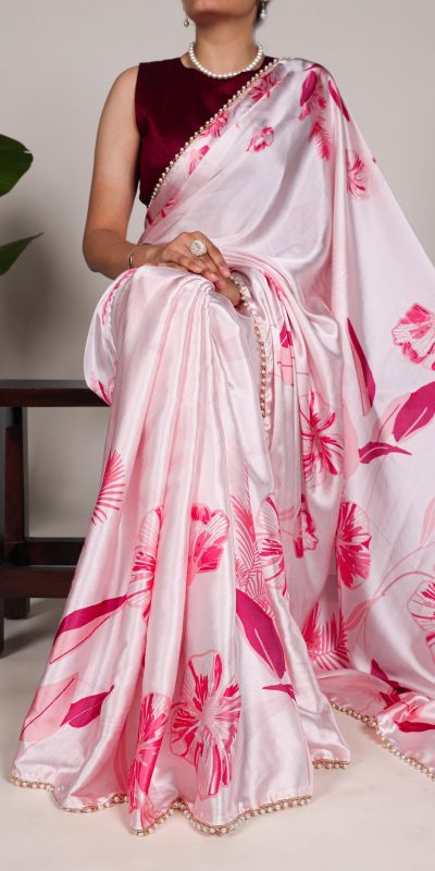 YNF 7028 Light Pink Color Satin Silk Floral Printed Lace Border Saree Casual Party Wear, Wedding, Events Etc. Expected Delivery 4-6 Working Days @1599/- | Sarees, Bollywood Sarees, Creative Sarees, Designer Sarees, Embroidered Sarees, Ethnic Saree, Modern Digital sarees, Party Wear Sarees