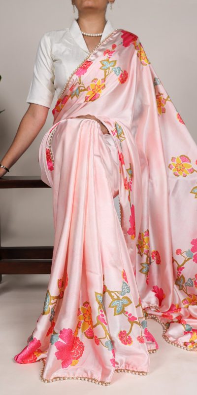 YNF 7028 Peach Color Satin Silk Floral Printed Lace Border Work Saree Casual Party Wear, Wedding, Events Etc. Expected Delivery 4-6 Working Days @1599/- | Sarees, Bollywood Sarees, Creative Sarees, Designer Sarees, Embroidered Sarees, Ethnic Saree, Modern Digital sarees, Party Wear Sarees