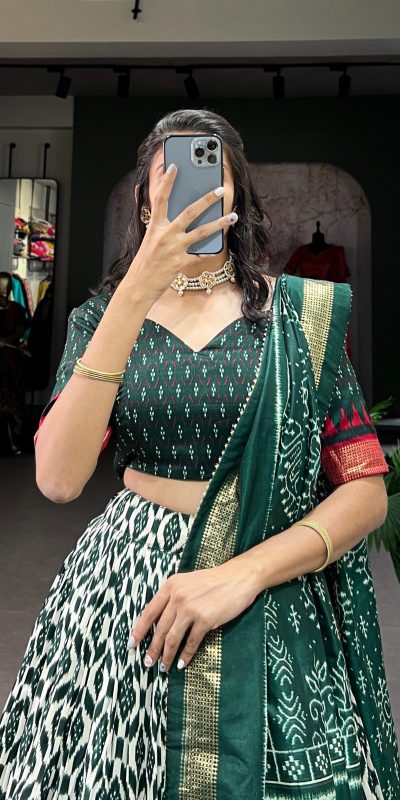 Aglow Green Color Tussar Silk Ikkat Print Foil Work Lehenga Choli