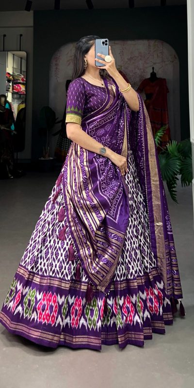 Aglow Purple Color Tussar Silk Ikkat Print Foil Work Lehenga Choli