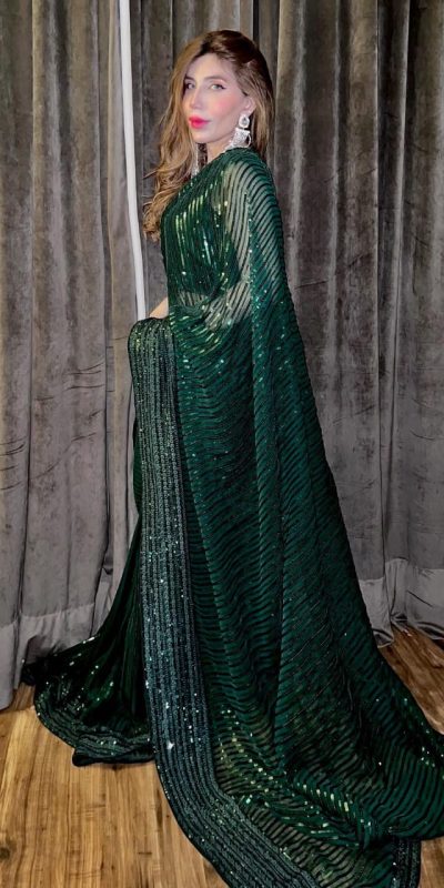 Attractive Green Sequin Georgette With Embroidery Work Saree