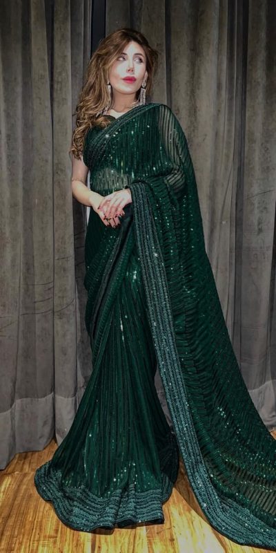 Attractive Green Sequin Georgette With Embroidery Work Saree