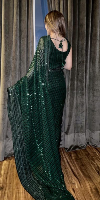 Attractive Green Sequin Georgette With Embroidery Work Saree