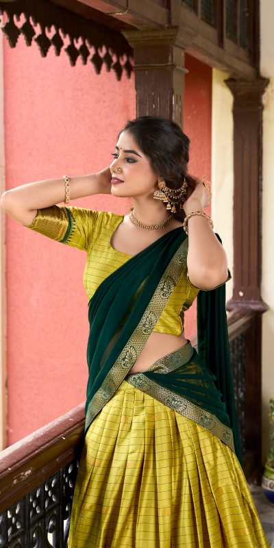 Graceful Parrot Green Color Cotton Silk Weaving Paithani Concept Lehenga Choli