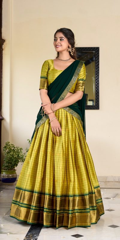 Graceful Parrot Green Color Cotton Silk Weaving Paithani Concept Lehenga Choli