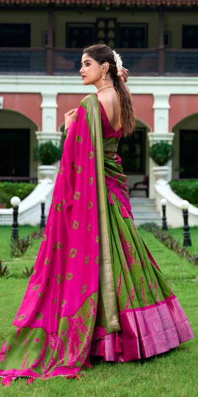 Super Pink Color Dola Silk Shibori Print Zari Weaving Lehenga Choli