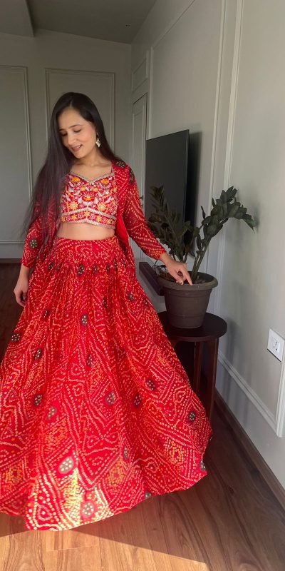 Commitment Red Color Pure Bandhrej Heavy Embroidery Sequence Lehenga Choli