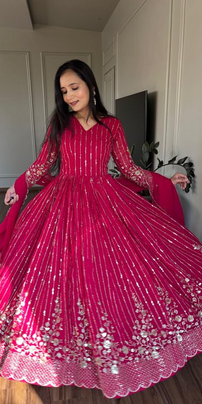 Magical Pink Color Fox Georgette sequence Embroidery Work With Gown