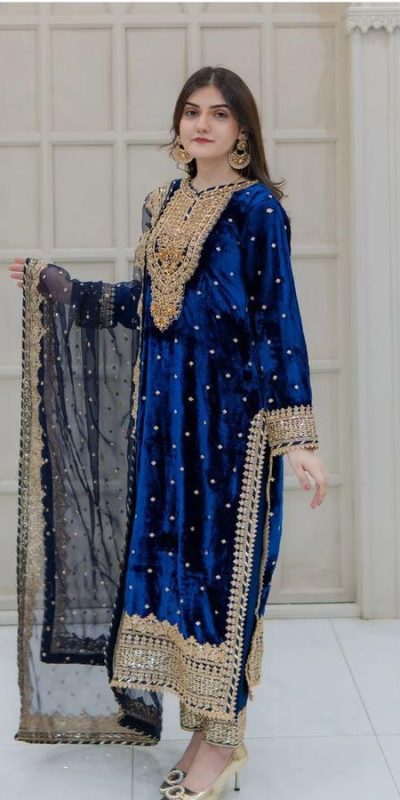 Majestic Blue Color Velvet Georgette Embroidery Sequence Salwar Suit