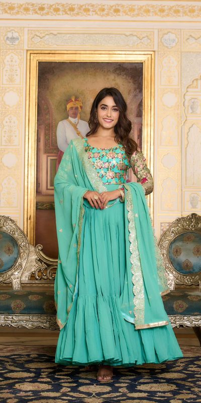 Stunning Sea Green Faux Color Fox Georgette Embroider Pure Zecard Work Gown