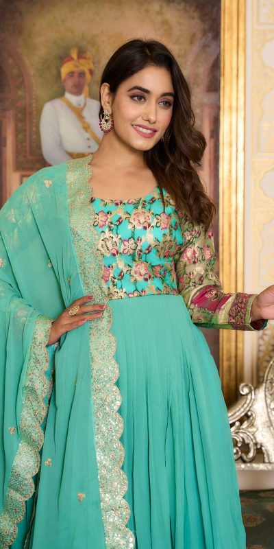 Stunning Sea Green Faux Color Fox Georgette Embroider Pure Zecard Work Gown