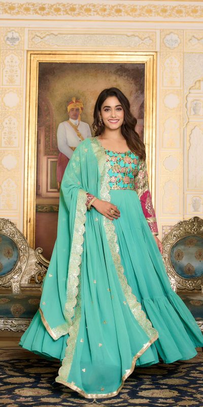 Stunning Sea Green Faux Color Fox Georgette Embroider Pure Zecard Work Gown