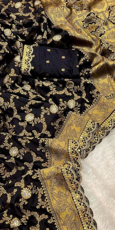 Amazing Black Color Jacquard Weaving With Embroidery Cording Lace Saree