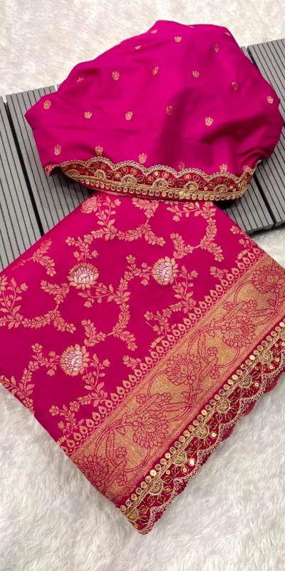 Amazing Pink Color Jacquard Weaving With Embroidery Cording Lace Saree