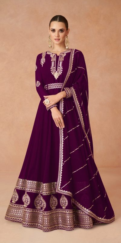 Amazing Wine Color Faux Georgette With Embroidery Work Anarkali Gown