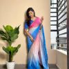 Beautiful Blue Color Soft Georgette Satin With Digital Print Embroidery Work Saree
