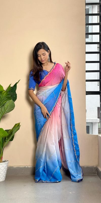 Beautiful Blue Color Soft Georgette Satin With Digital Print Embroidery Work Saree