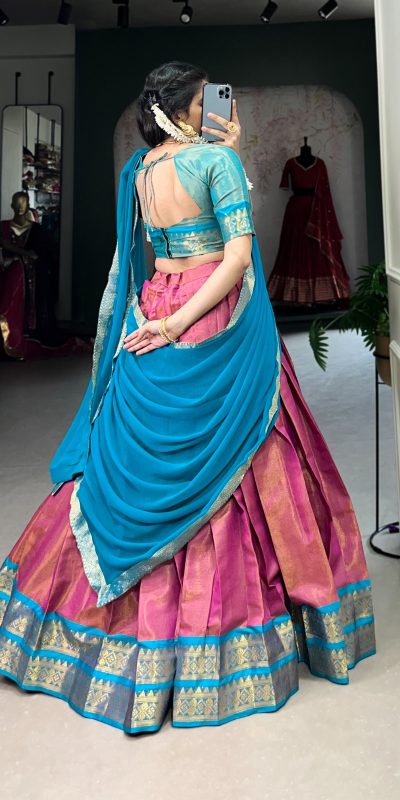 Beautiful Pink Color Kanchipuram Zari Weaving Work Lehenga Choli