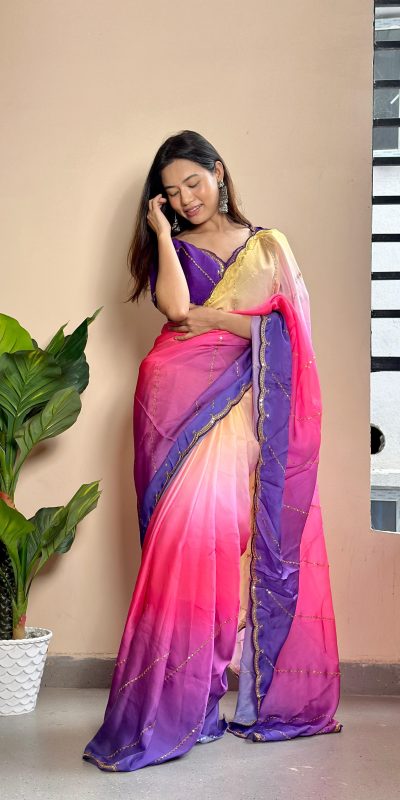 Beautiful Purple Color Soft Georgette Satin With Digital Print Embroidery Work Saree
