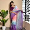 Wine Soft Georgette Satin With Digital Print Embroidery Work Saree
