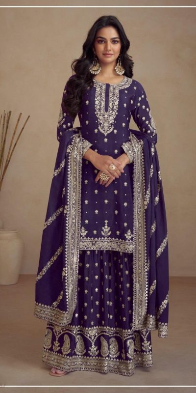 Classic Purple Color Heavy Semi Chinon Silk Codding Embroidery Salwar Suit