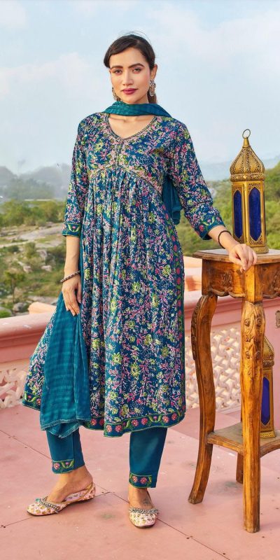 Fantastic Blue Color Rayon Alia Cut With Embroidery Work Kurti
