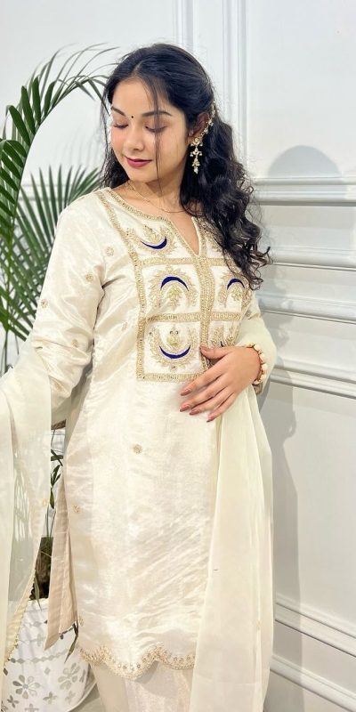 Fantastic White Color VI Chitra Silk With Heavy Coding Embroidery Sequence Work Salwar Suit