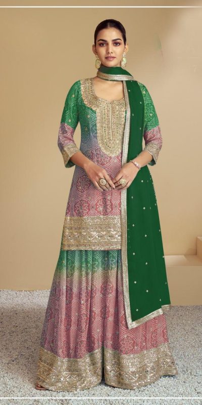 Glowing Green Color Chinon Digital Print With Mat Sequence Sharara Suit