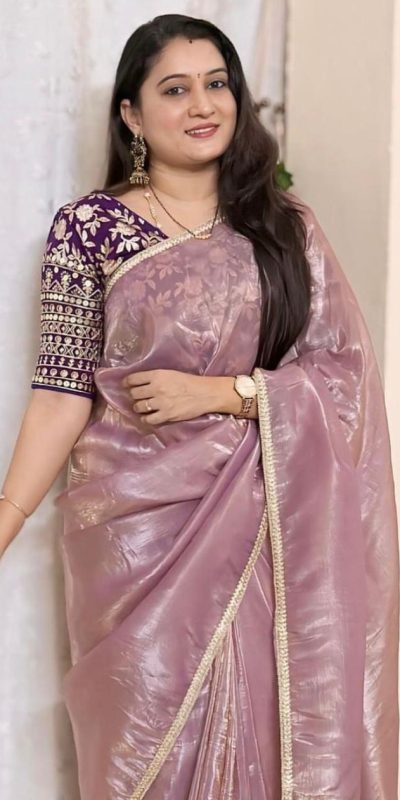Gorgeous Light Pink Color Pure Tissue Crush Silk Fabric With Fancy Lace Saree