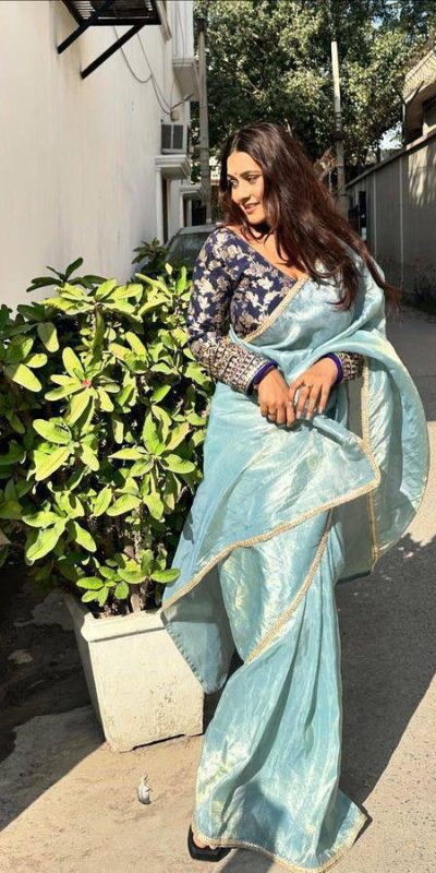 Gorgeous Sky Blue Color Pure Tissue Crush Silk Fabric With Fancy Lace Saree